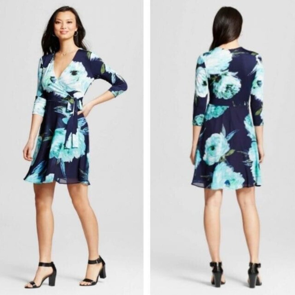 DRESS 14 Navy Blue Turquoise 3/4 Sleeve Faux Wrap CHIFFON Wedding Guest ECI